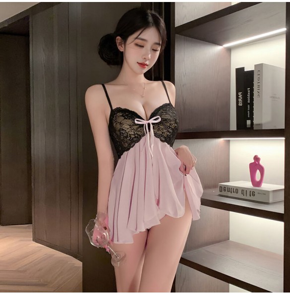 FEE ET MOI - Black Lace Peachy Pure Desire Nightdress (Pink - Black) FEE ET MOI - Black Lace Peachy Pure Desire Nightdress (Pink - Black)